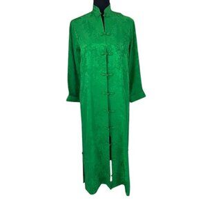 VINTAGE 60s Nancy Lang Hawaiian Green Silk Loungewear Robe Dress Small/Petite